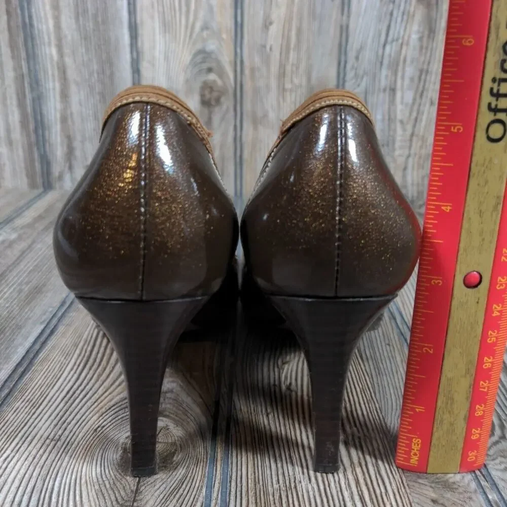 Tahari Adam Pointed Toe Heels Patent Glitter Bronze Brown‎ Designer Pumps Sz 6.5